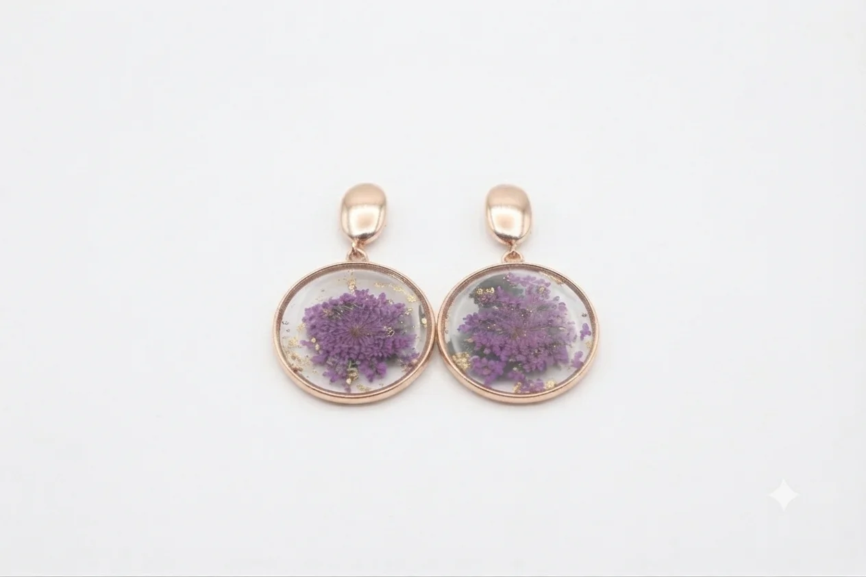 Rose Gold Purple Botanical Resin Earrings