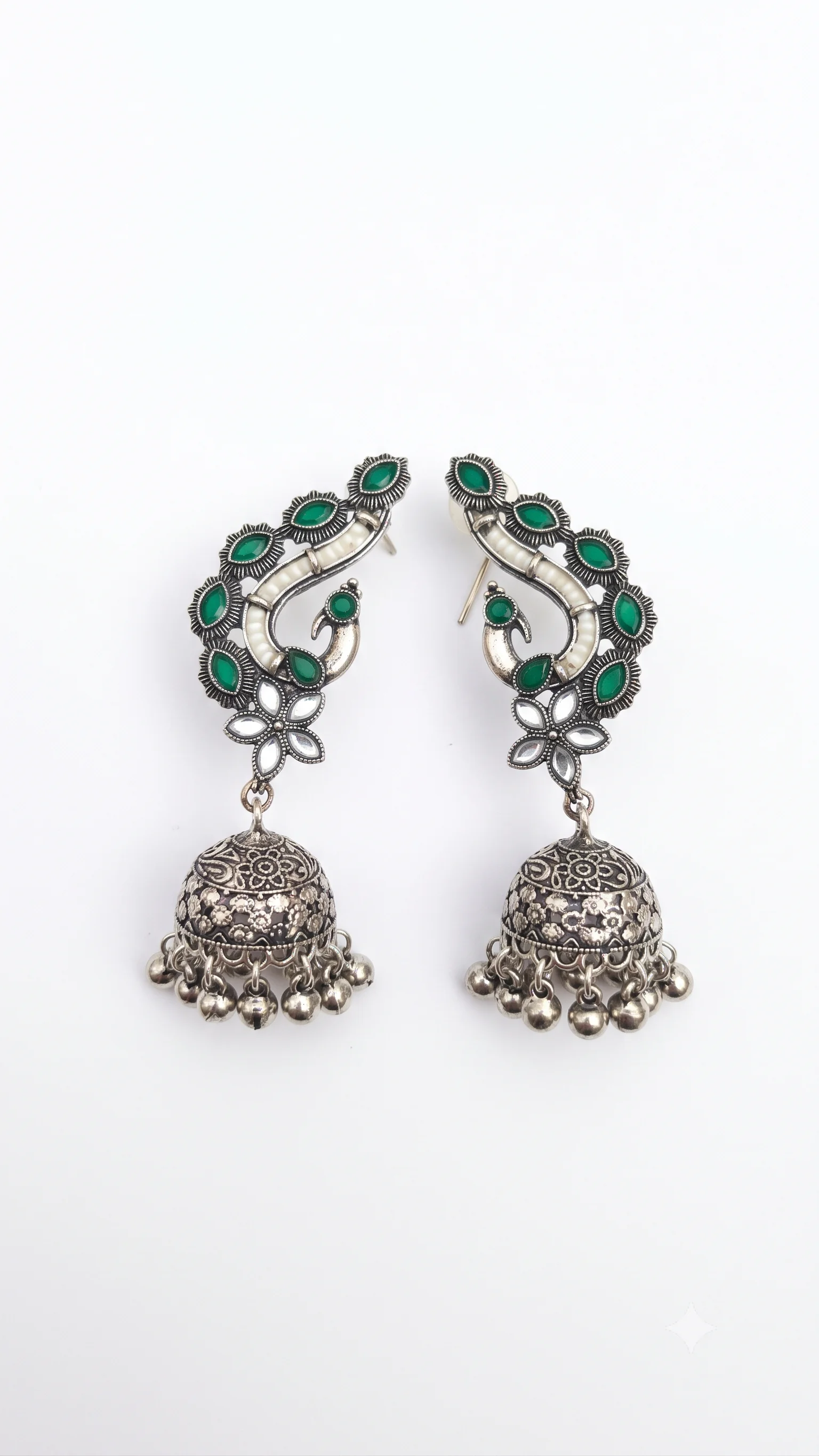 Oxidised Silver Emerald Green Peacock Ear Cuff Jhumka Earrings (Kaanphool / Bugadi Style)