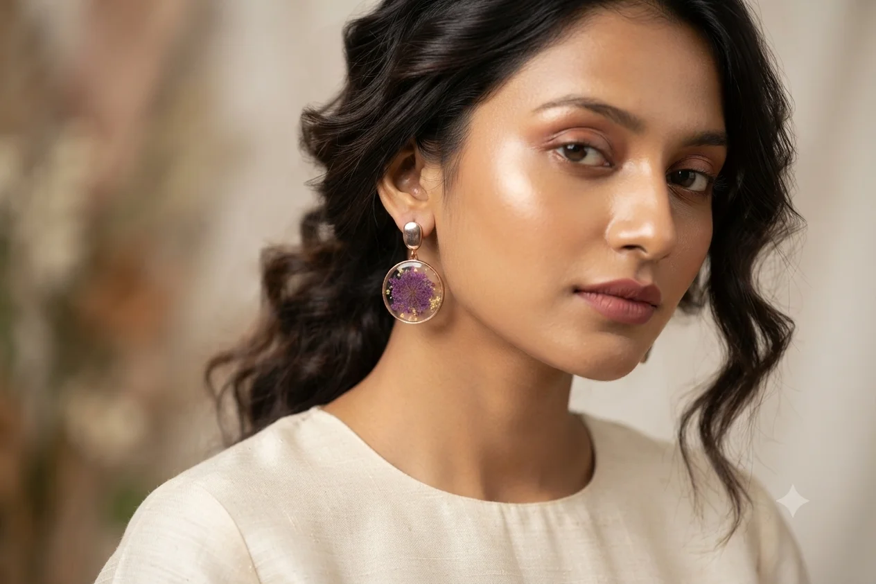Rose Gold Purple Botanical Resin Earrings