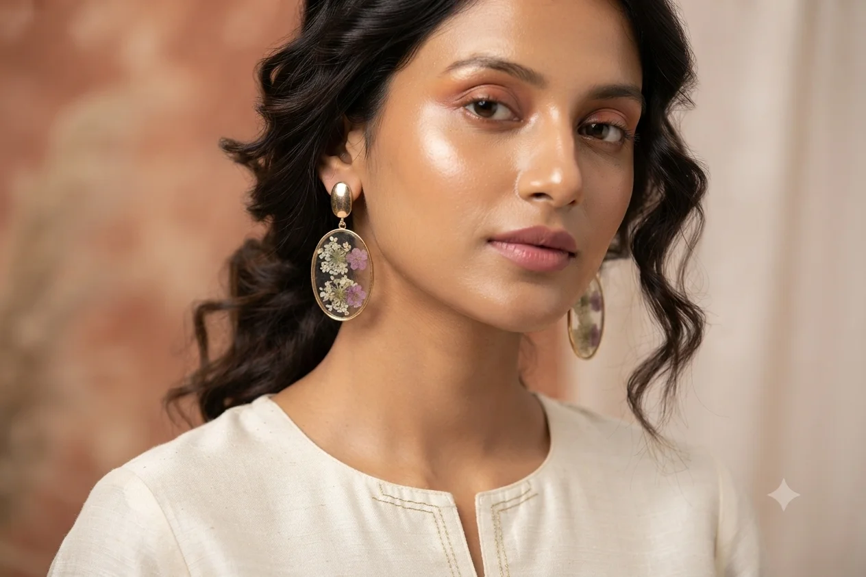 Golden Oval Purple and White Floral Resin Drop Earrings