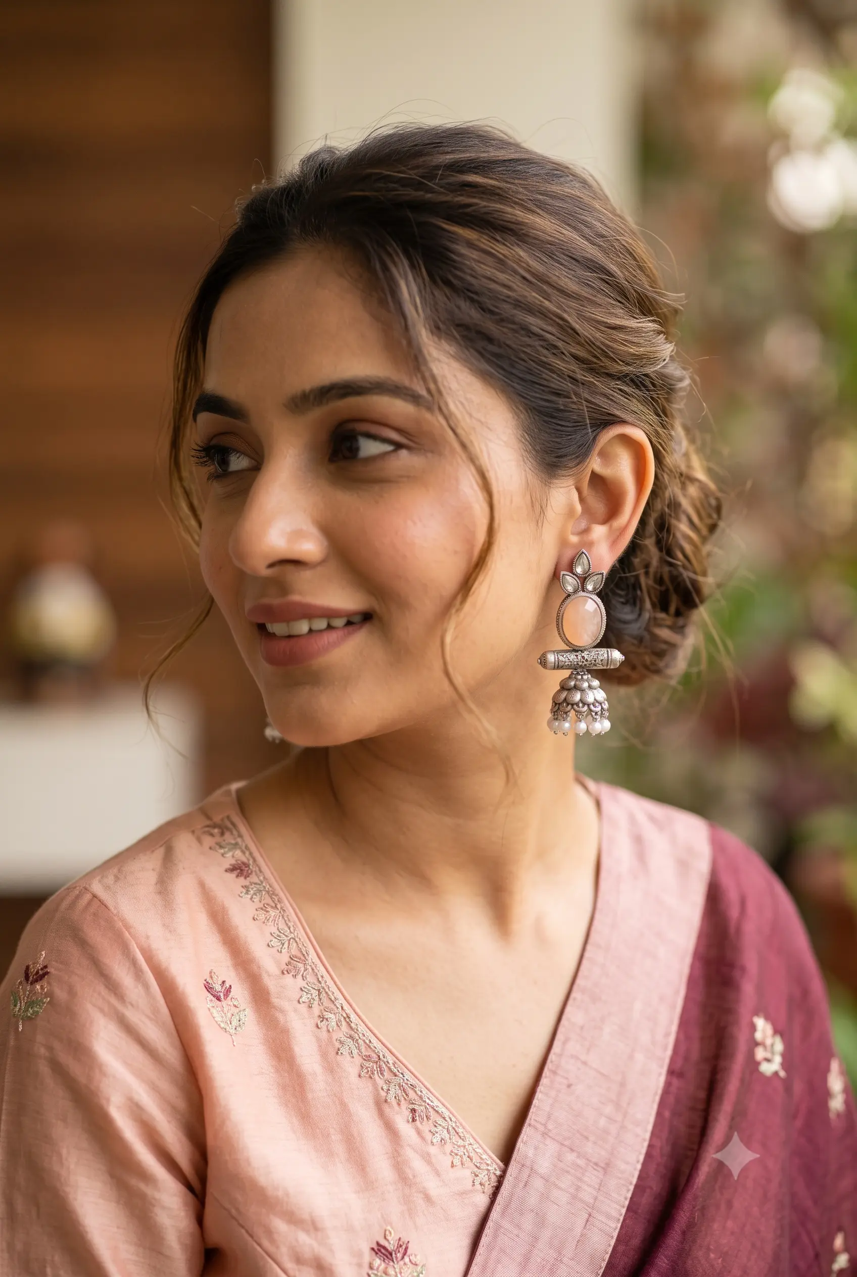 Oxidised Silver-Plated Peach Stone & Pearl Drop Jhumka Earrings