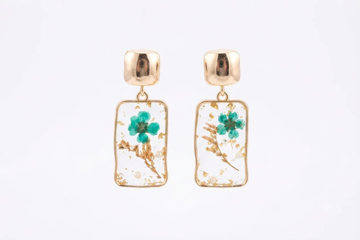 Botanical Teal" Resin & Gold Flake Rectangular Dangle Earrings