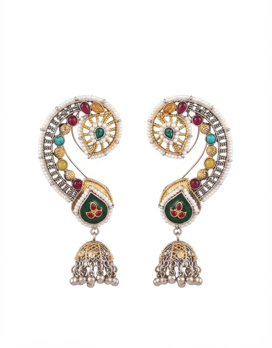 Bodhi Multi-Stone Dual-Tone Ear Cuffs with Jhumka Drops