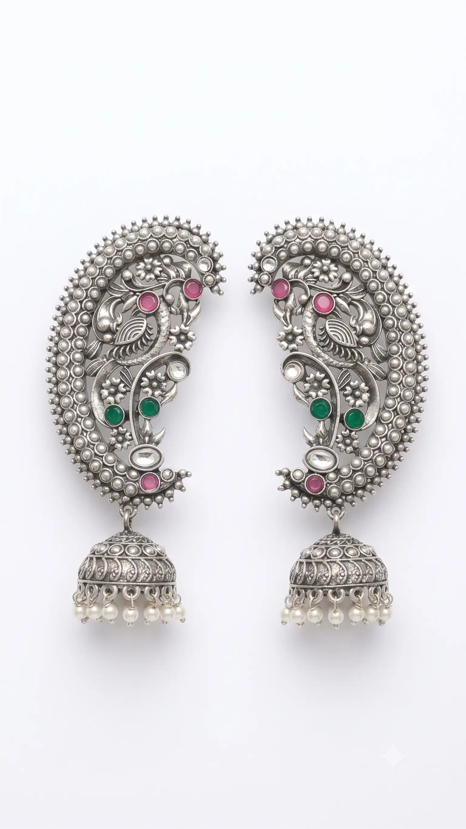 Oxidised Silver Peacock Motif Ear Cuff Jhumka Earrings (Kaanphool / Bugadi Style)