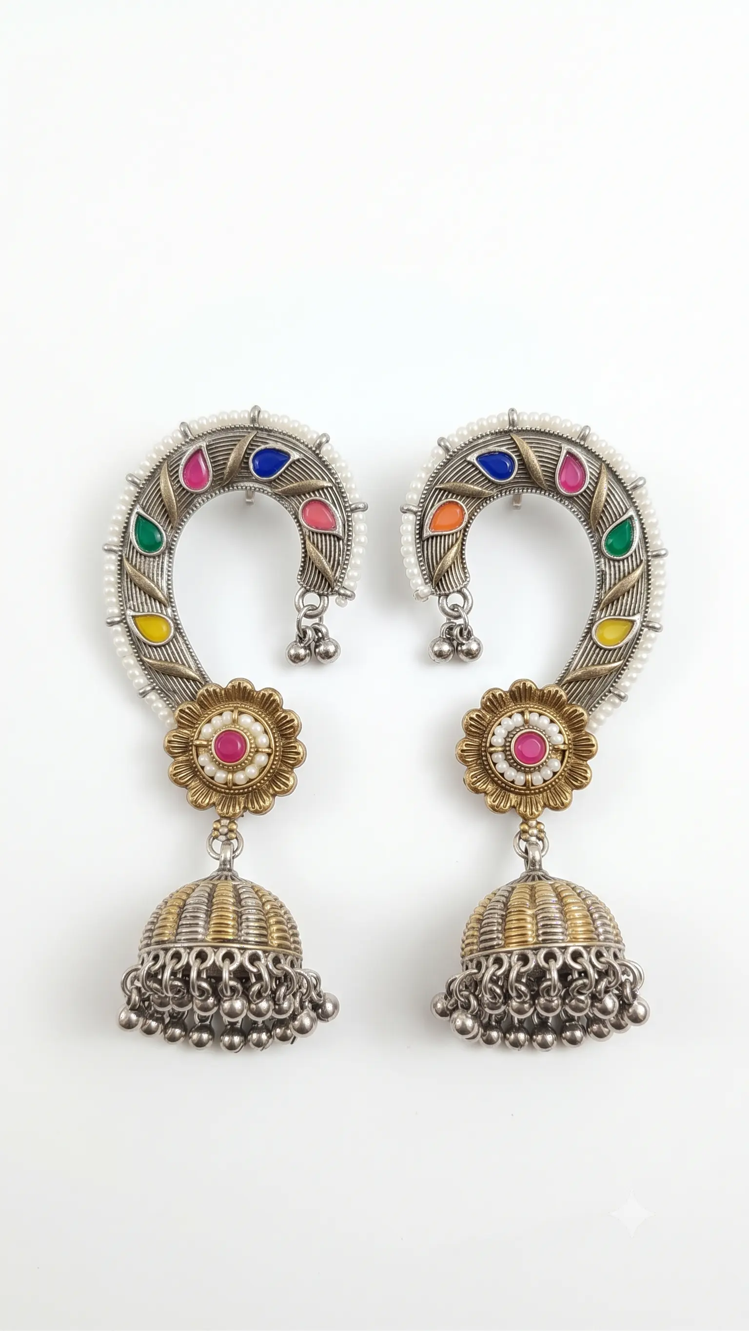 Oxidised Dual-Tone Ear Cuff Jhumka Earrings (Kaanphool / Bugadi Style)