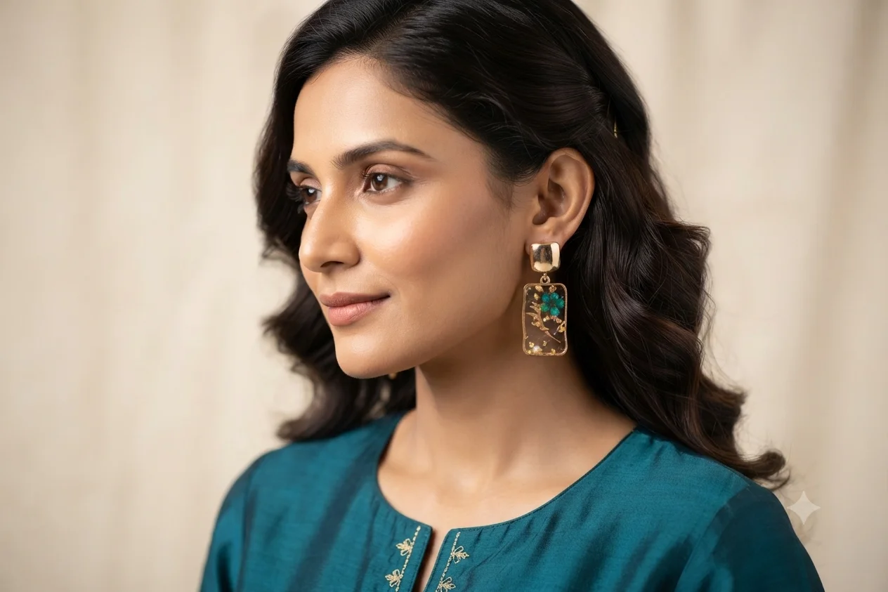 Botanical Teal" Resin & Gold Flake Rectangular Dangle Earrings