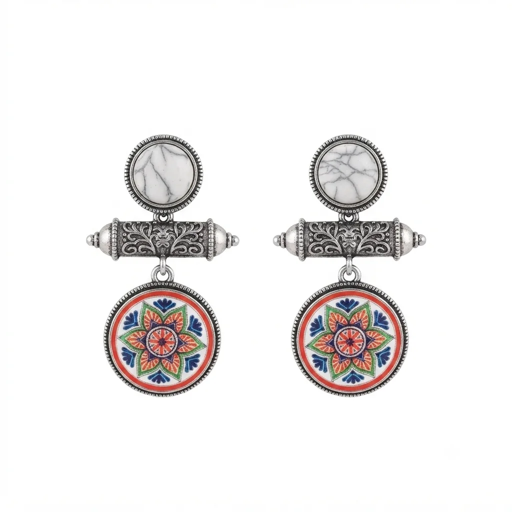 Oxidized Silver Enamelled Mandala Circular Drop Earrings