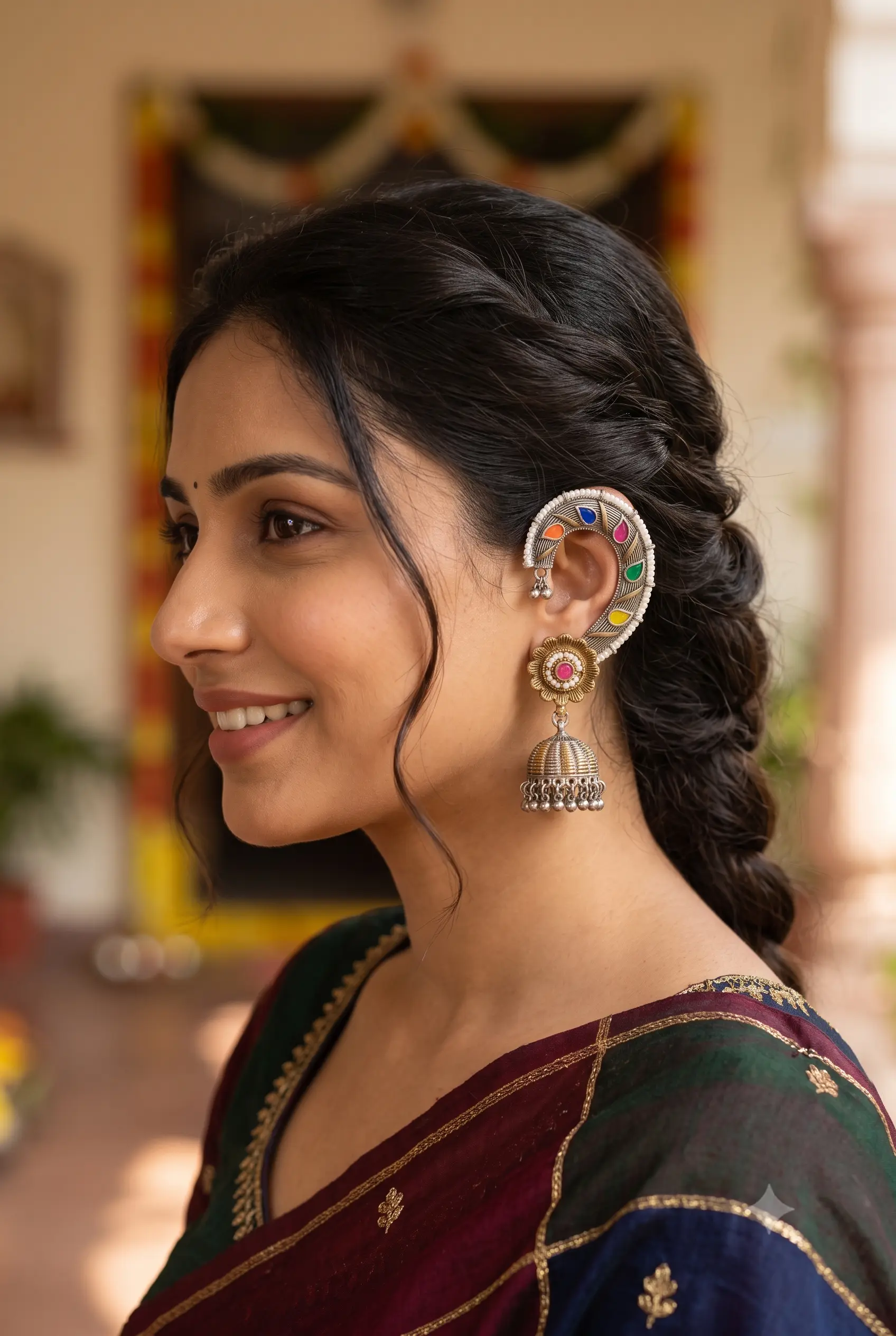 Oxidised Dual-Tone Ear Cuff Jhumka Earrings (Kaanphool / Bugadi Style)