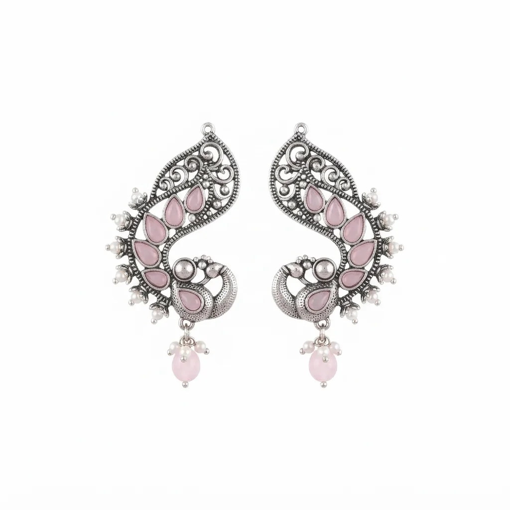 Oxidized Silver Pink Stone Peacock Design Earrings with Bead Drops