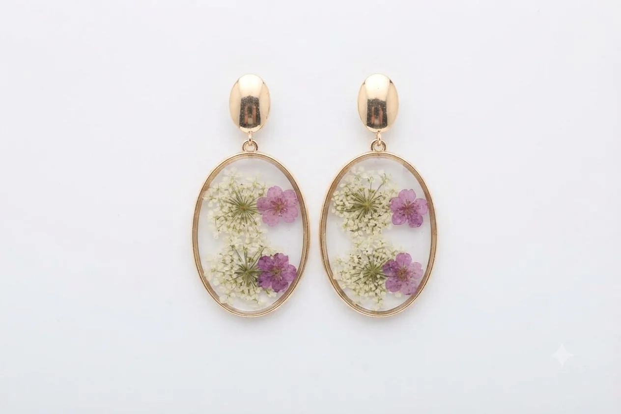 Golden Oval Purple and White Floral Resin Drop Earrings