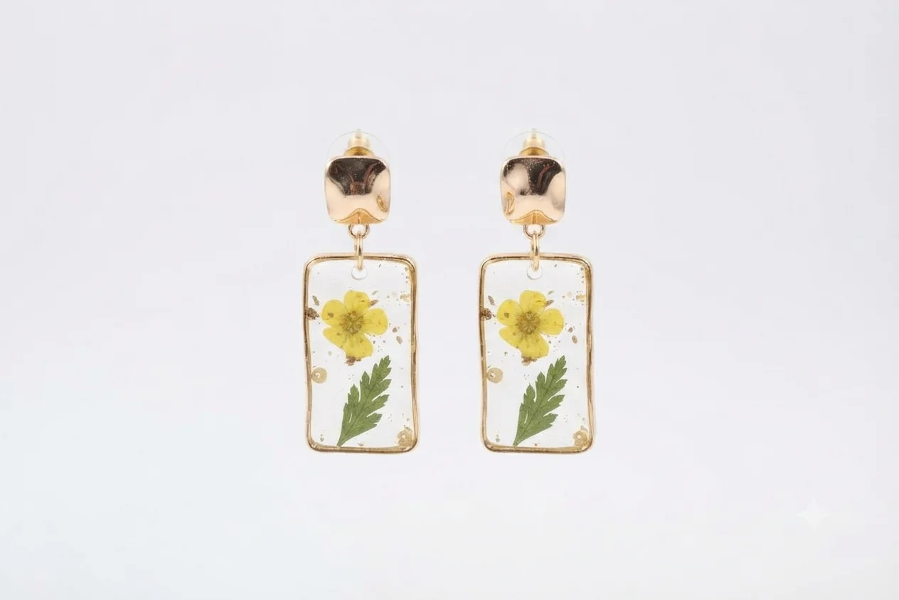 Golden Meadows" Pressed Flower Resin Rectangle Earrings