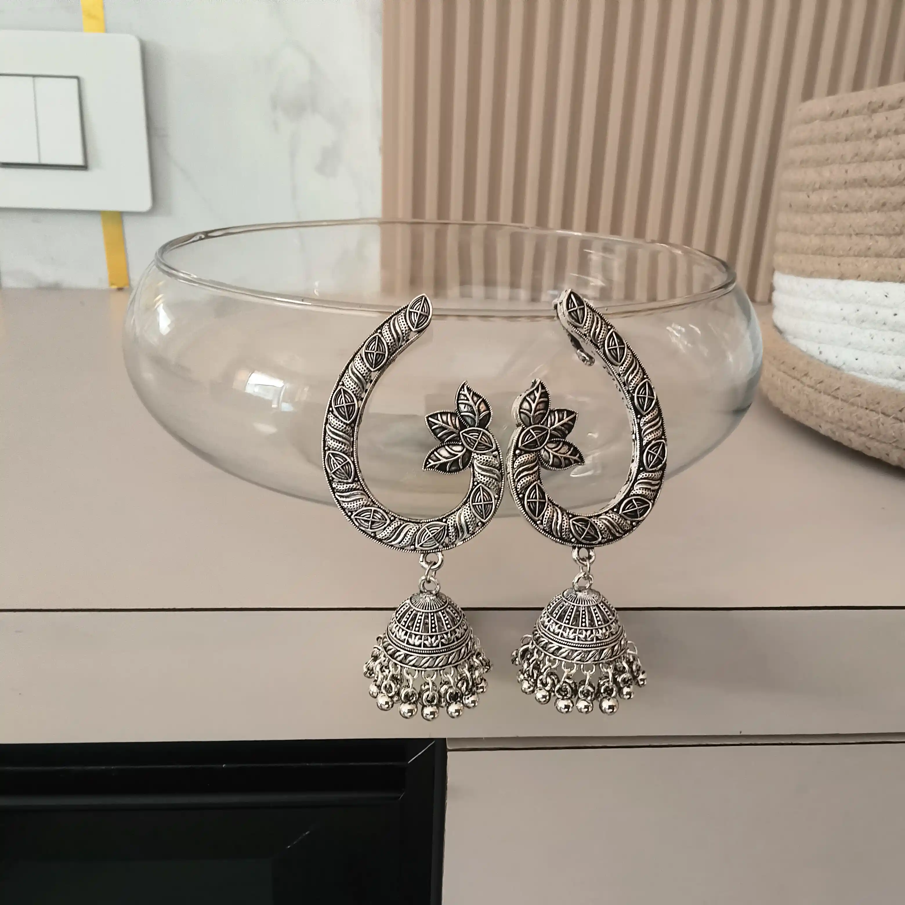 Oxidized Silver Floral Motif Ear Cuffs with Jhumka Drops