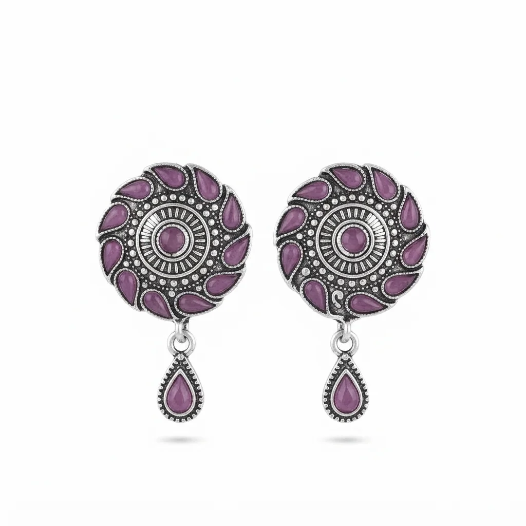 Oxidized Silver Purple Stone Floral Drop Earrings