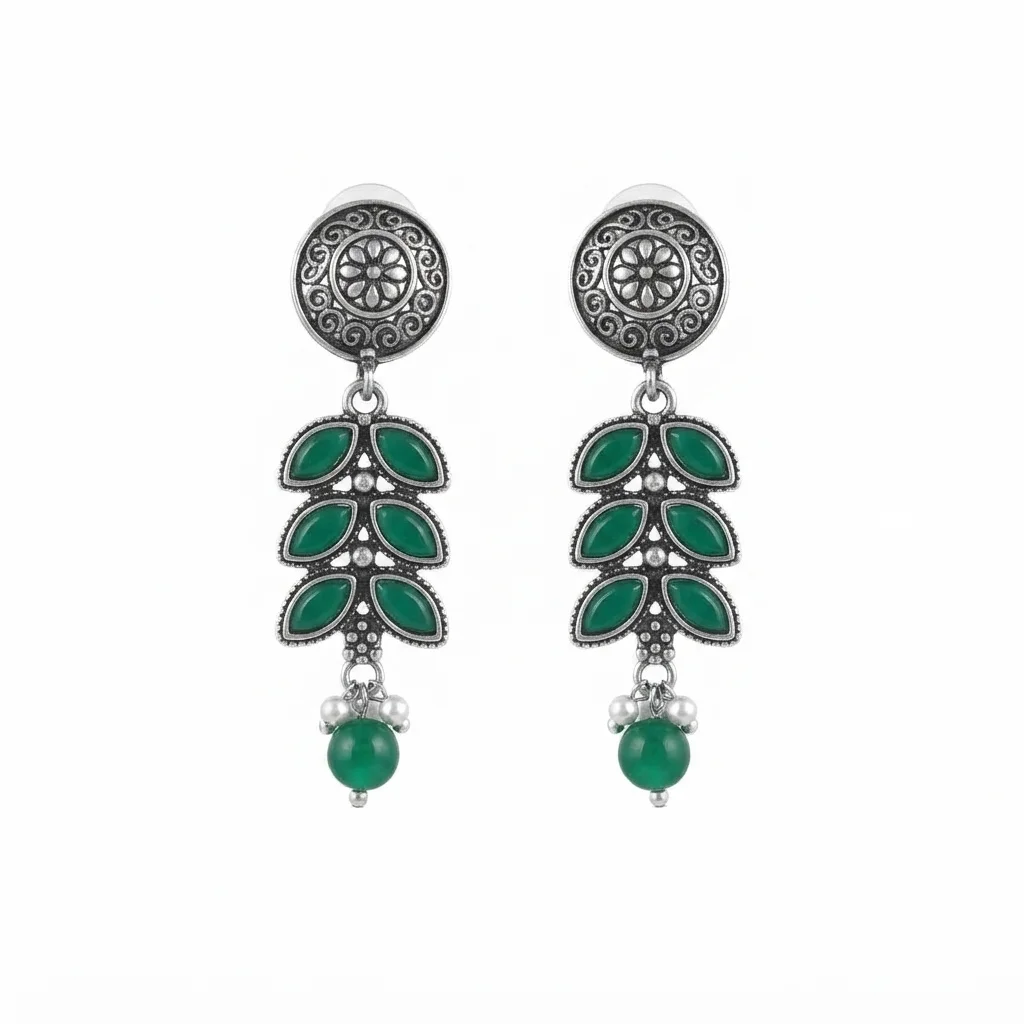 Oxidized Silver Green Leaf Motif Drop Earrings