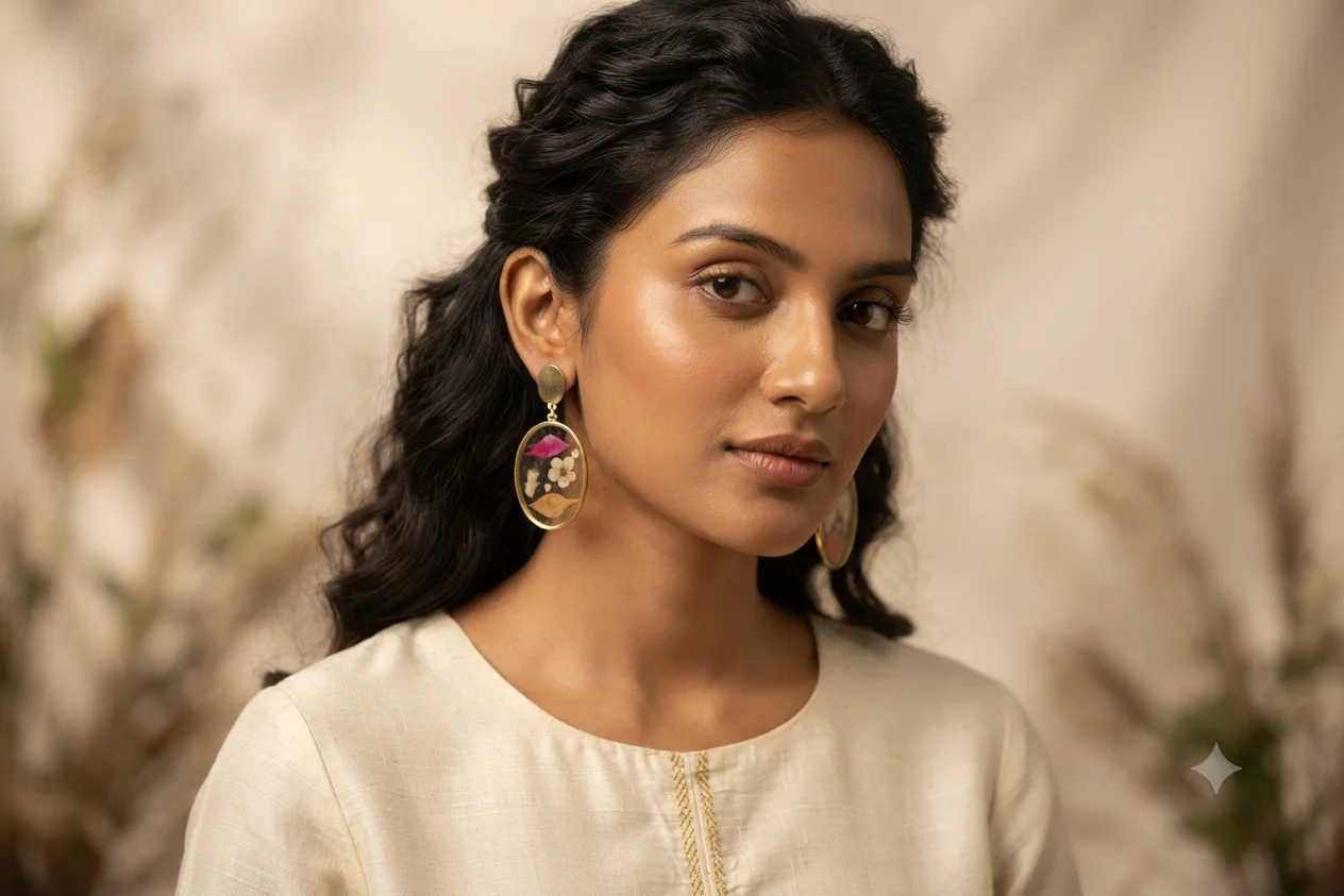Golden Oval Mixed Botanical Resin Drop Earrings