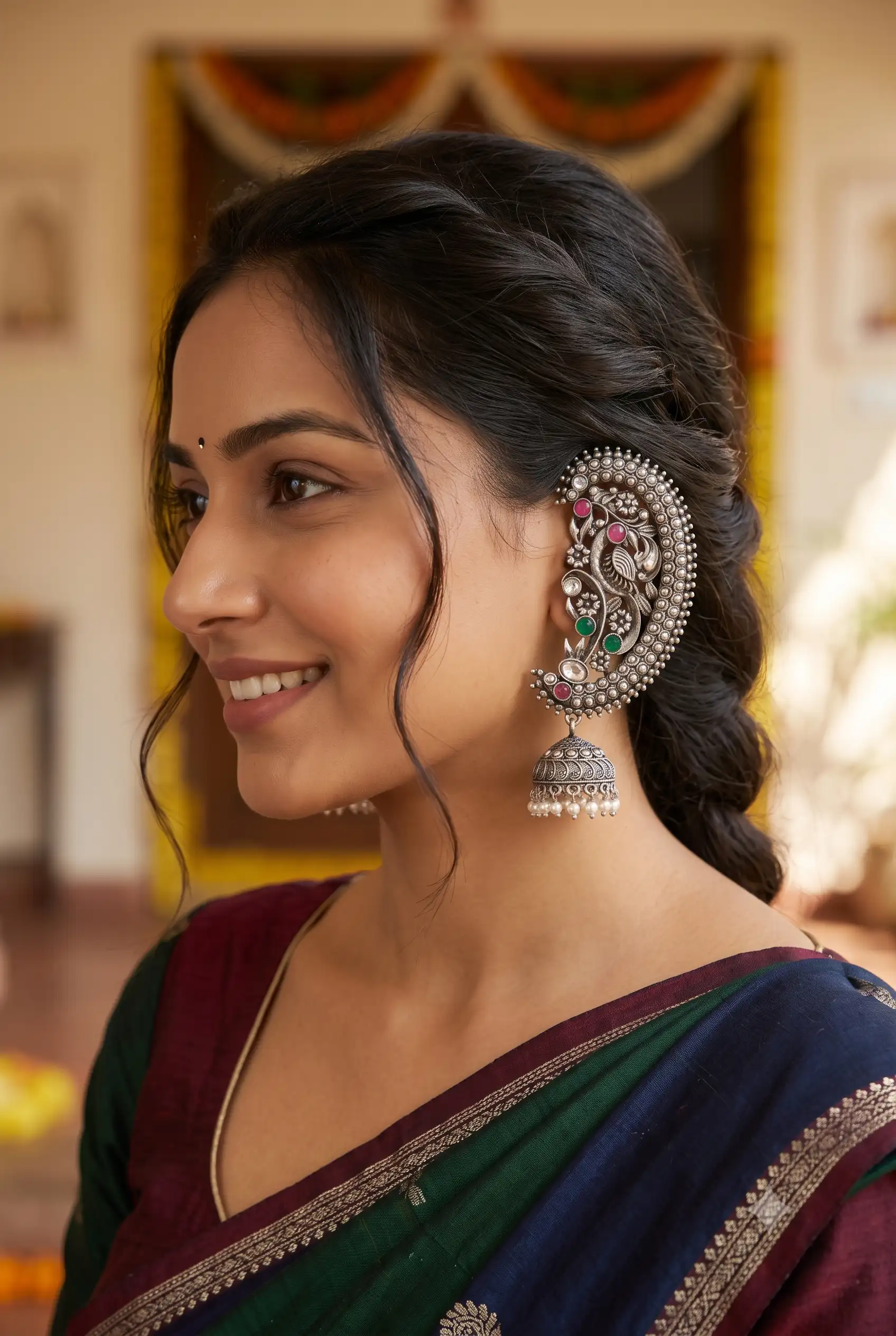 Oxidised Silver Peacock Motif Ear Cuff Jhumka Earrings (Kaanphool / Bugadi Style)