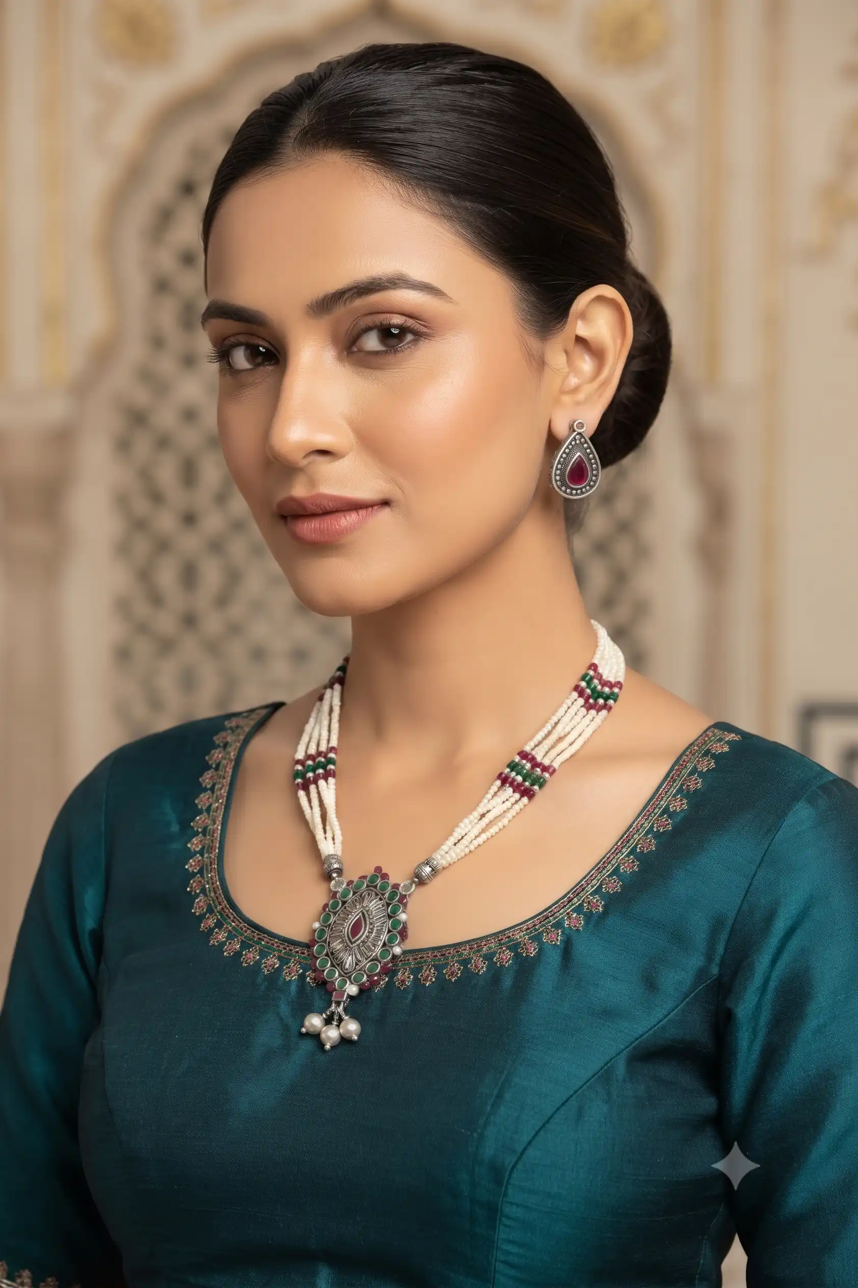 Oxidized Silver Multi-Strand Gemstone Necklace & Earring Set