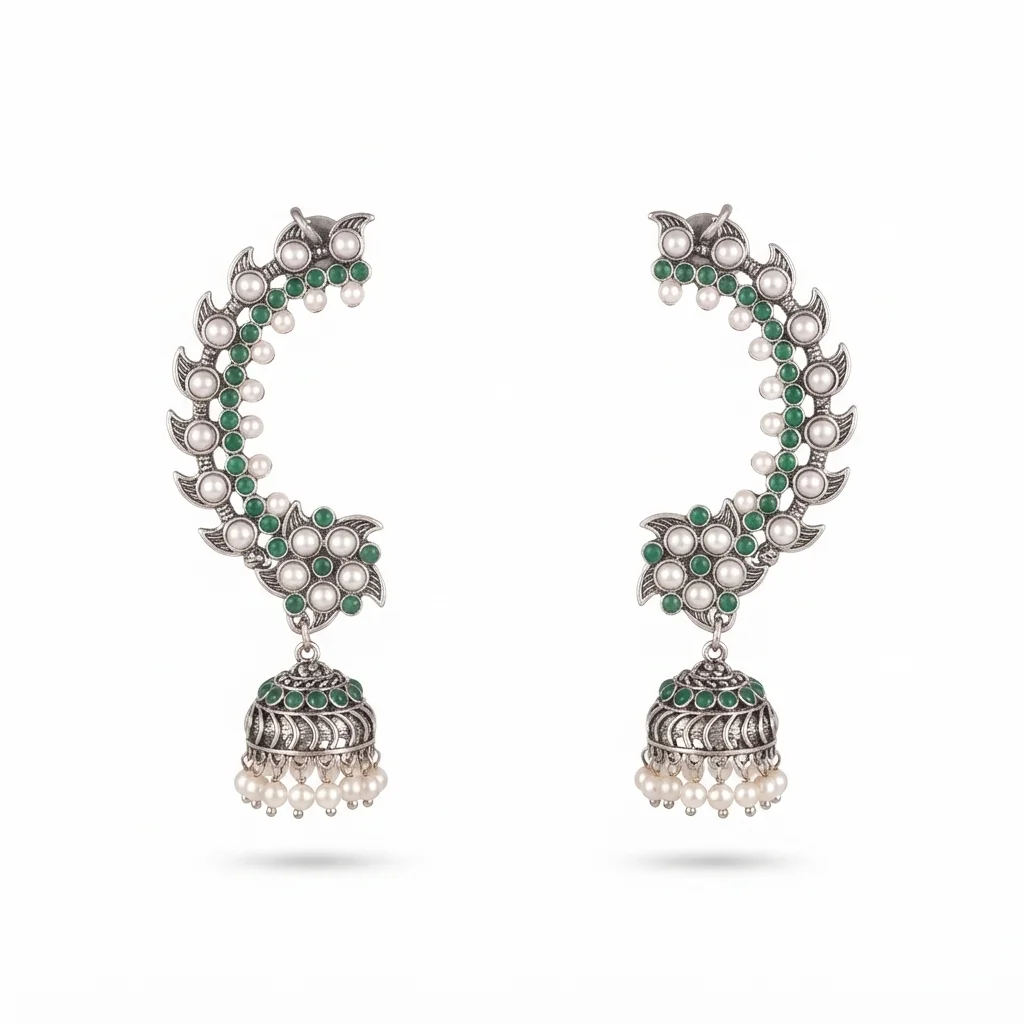 Oxidized Silver Green Stone Ear Cuffs with Matching Jhumka Drops