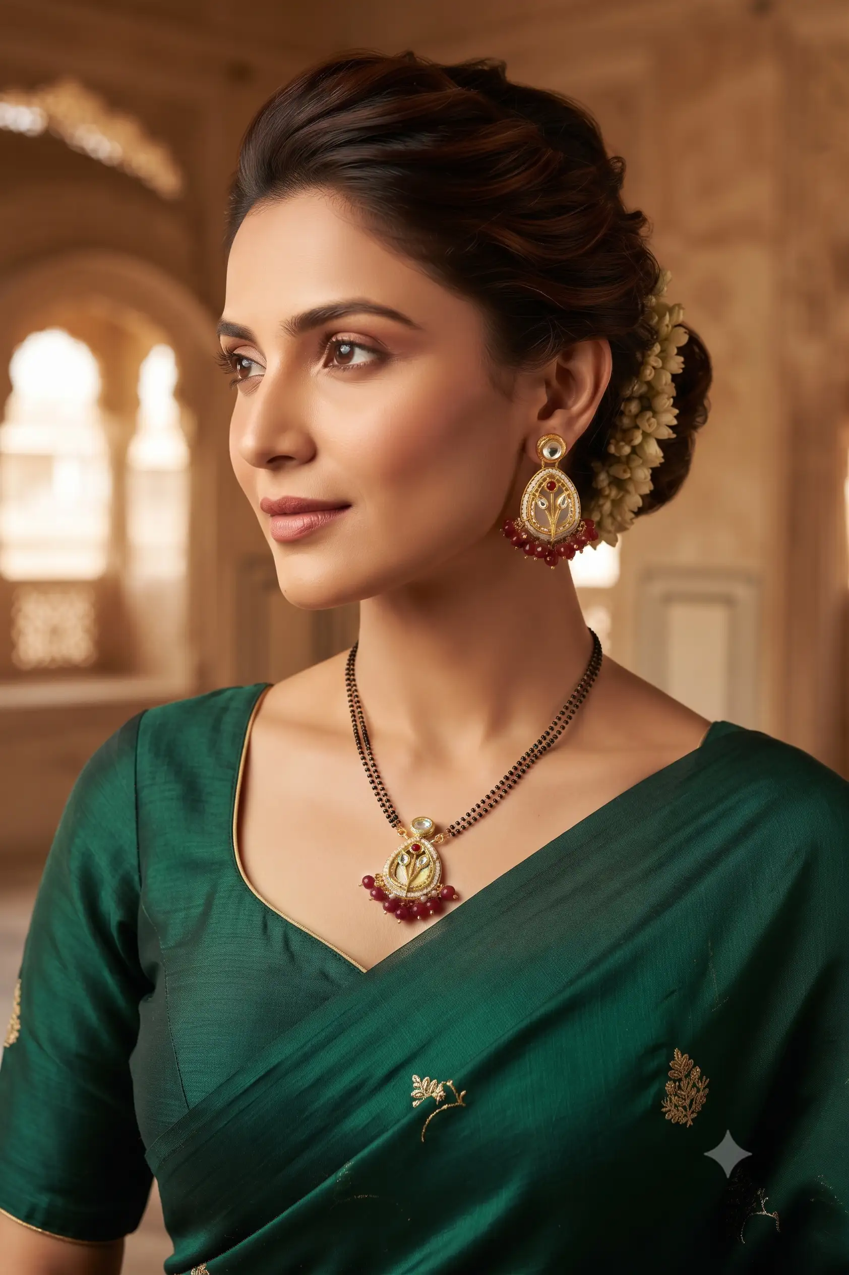 Gold-Toned Kundan & Red Beaded Mangalsutra Set with Matching Earrings