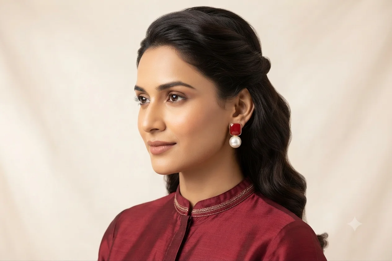 Ruby Square & Pearl Drop Earrings