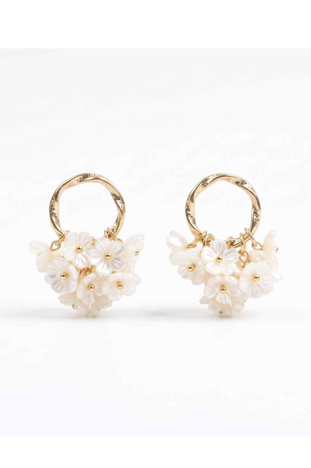 White Floral Cluster Pearl Drop Hoop Dangler Alloy Earrings For Women & Girls
