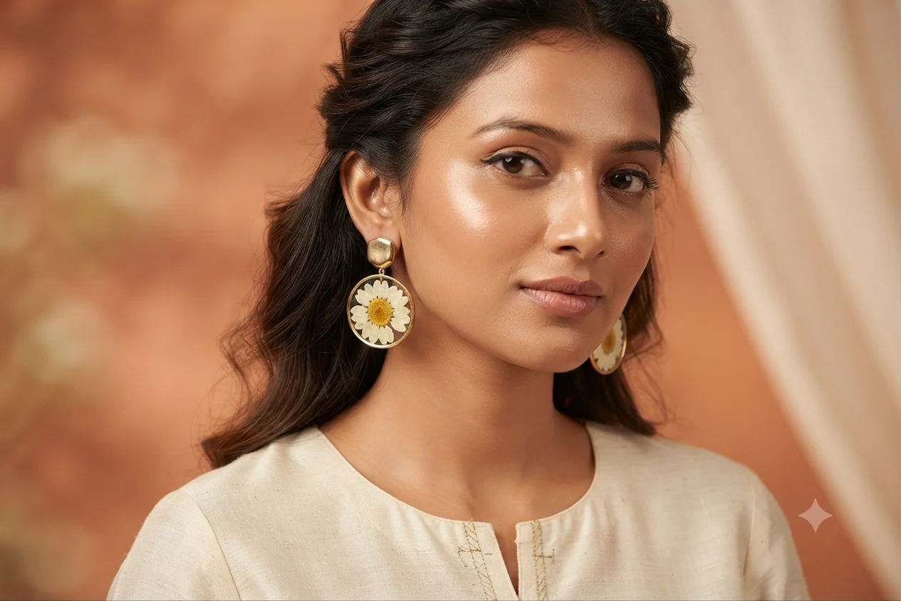 Golden Pressed Daisy Resin Hoop Earrings