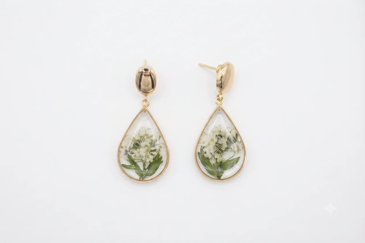 Gold-Rimmed Teardrop Botanical Dangle Earrings