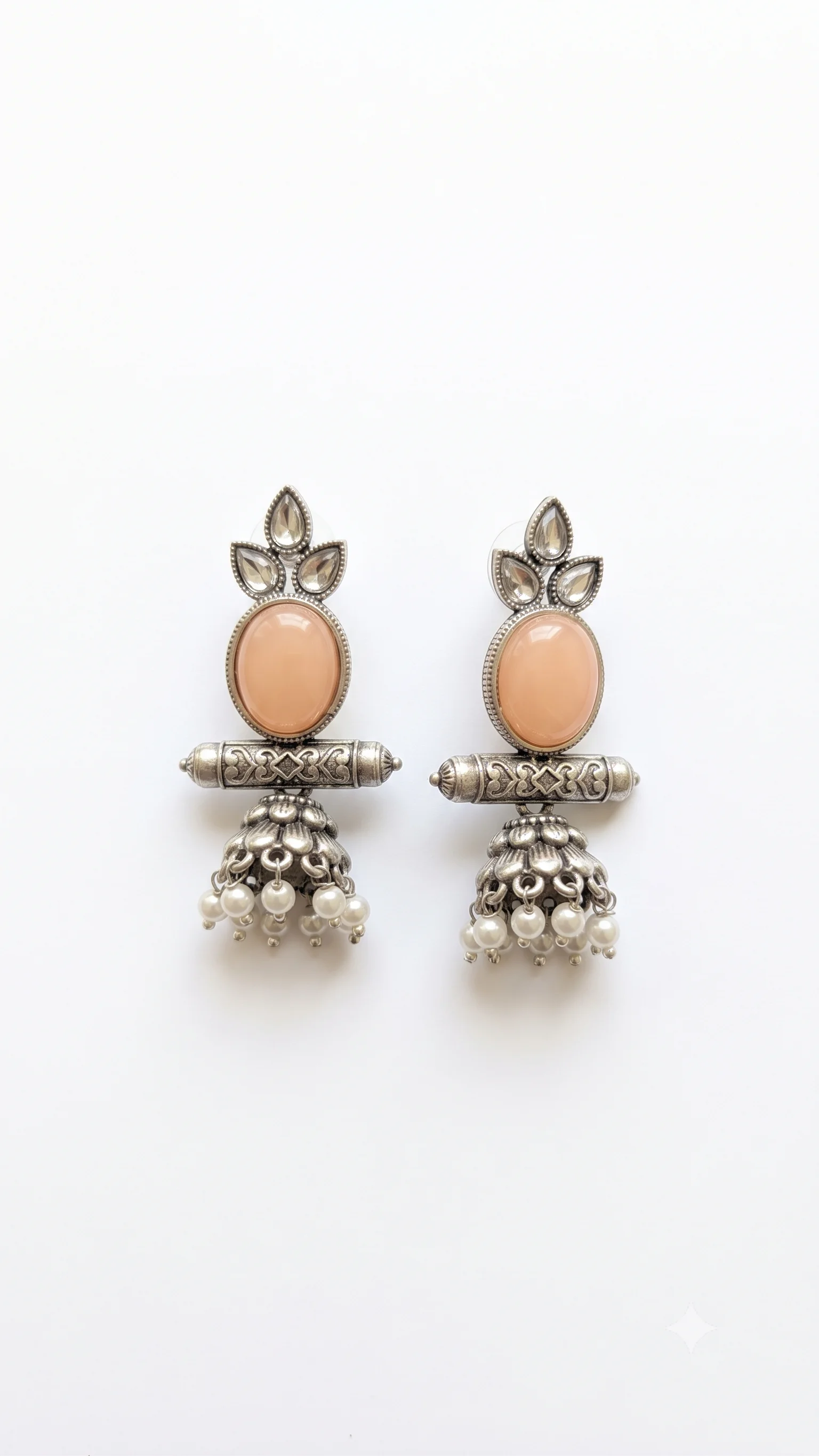 Oxidised Silver-Plated Peach Stone & Pearl Drop Jhumka Earrings