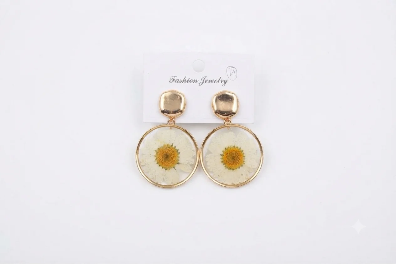 Golden Pressed Daisy Resin Hoop Earrings