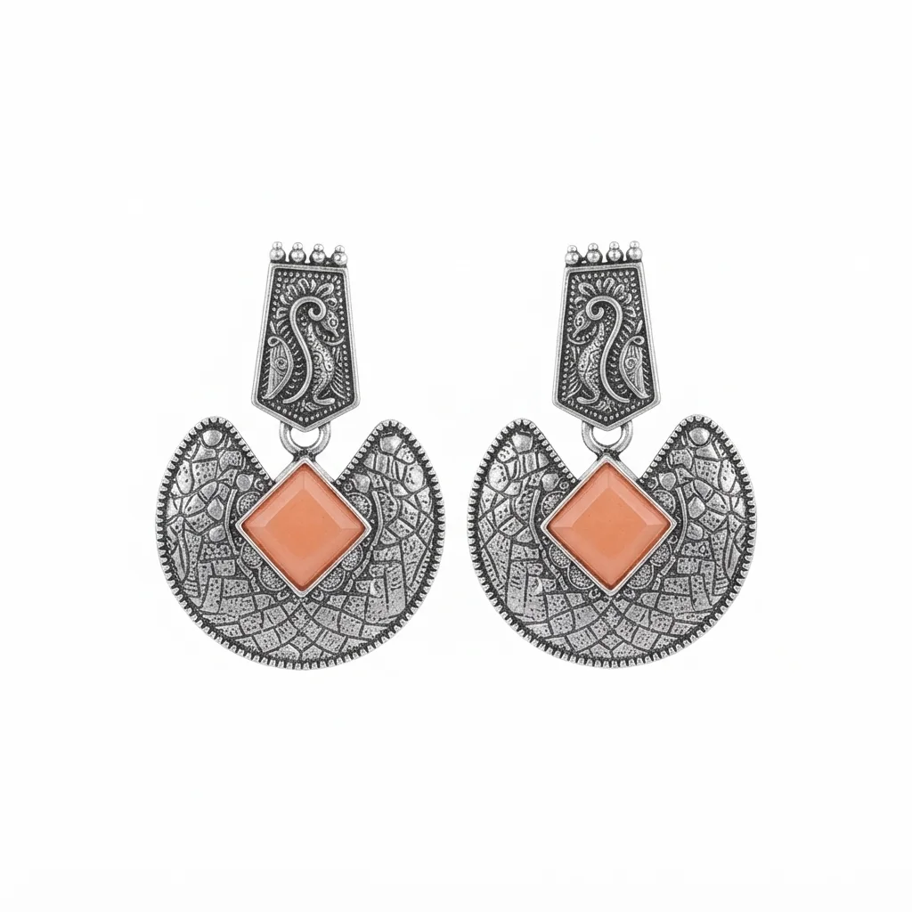 Oxidized Silver Peach Stone Geometric Statement Earrings