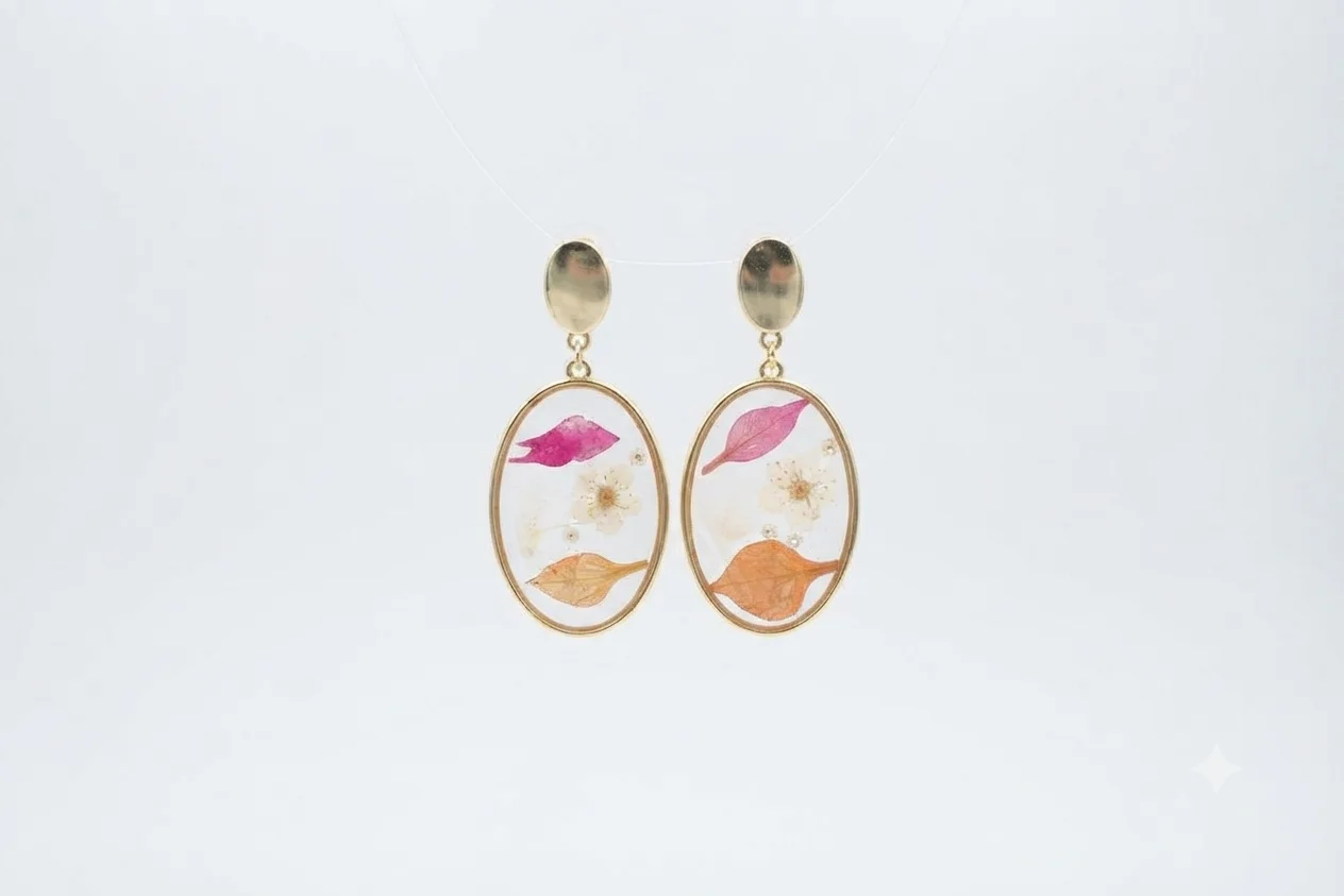 Golden Oval Mixed Botanical Resin Drop Earrings