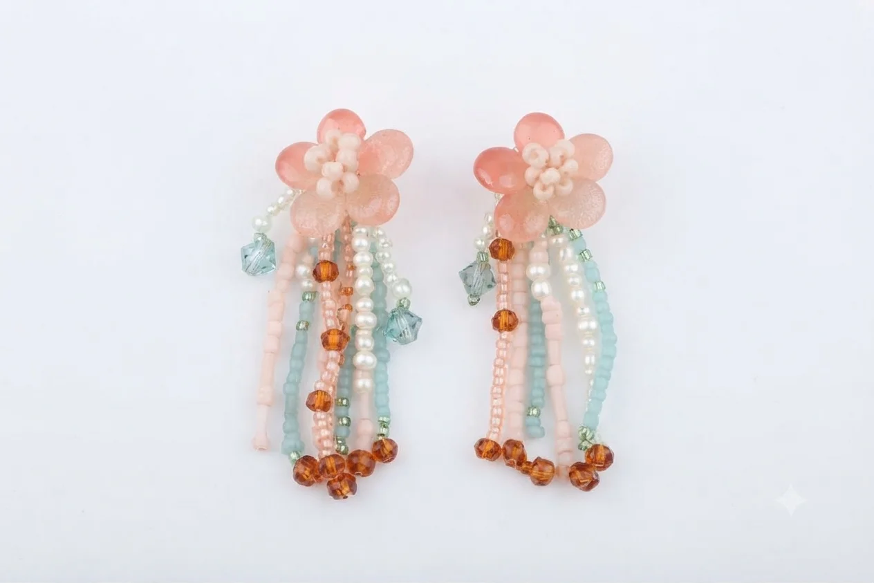 Blush Floral Beaded Fringe Drop Earrings