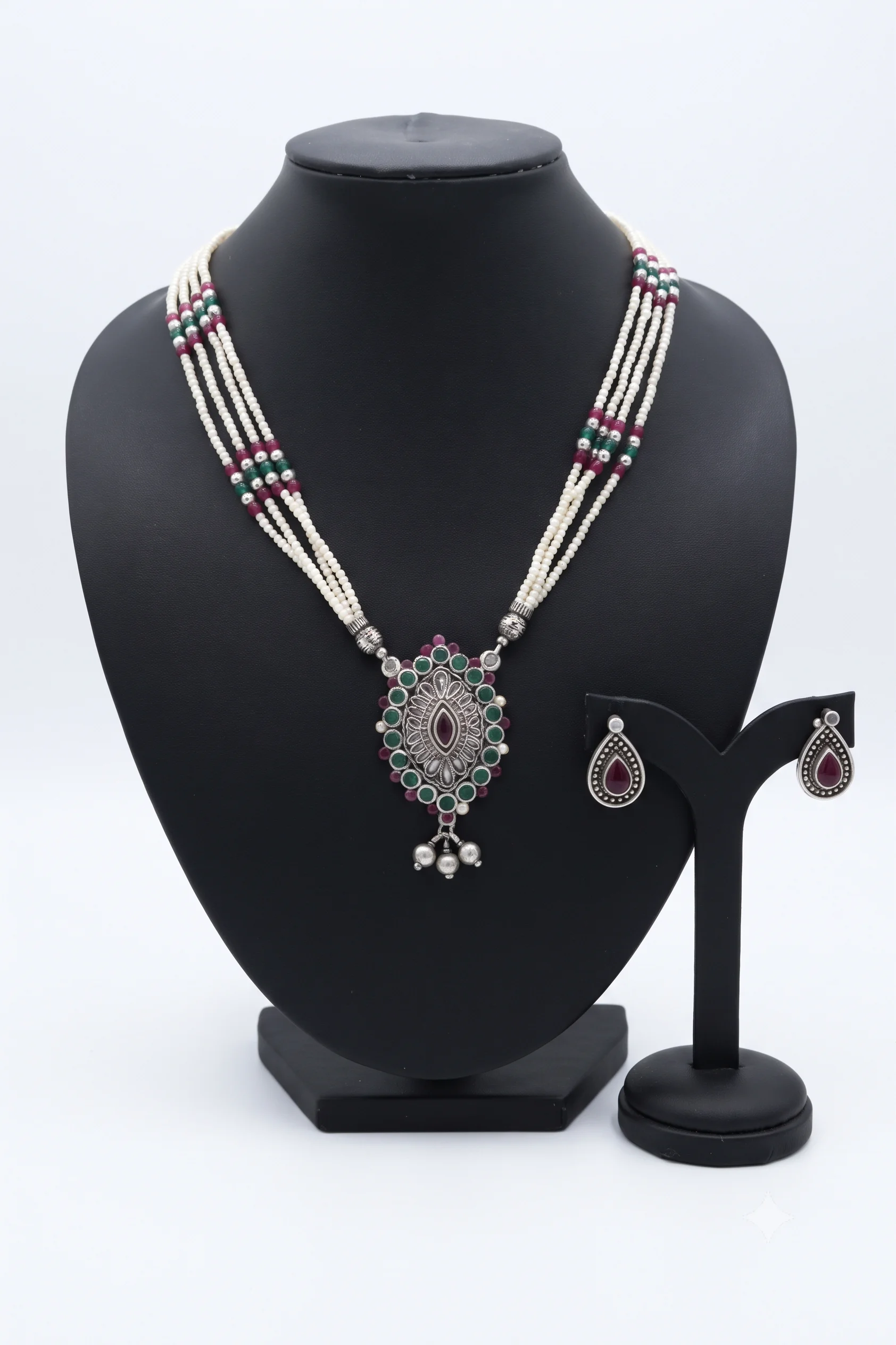 Oxidized Silver Multi-Strand Gemstone Necklace & Earring Set