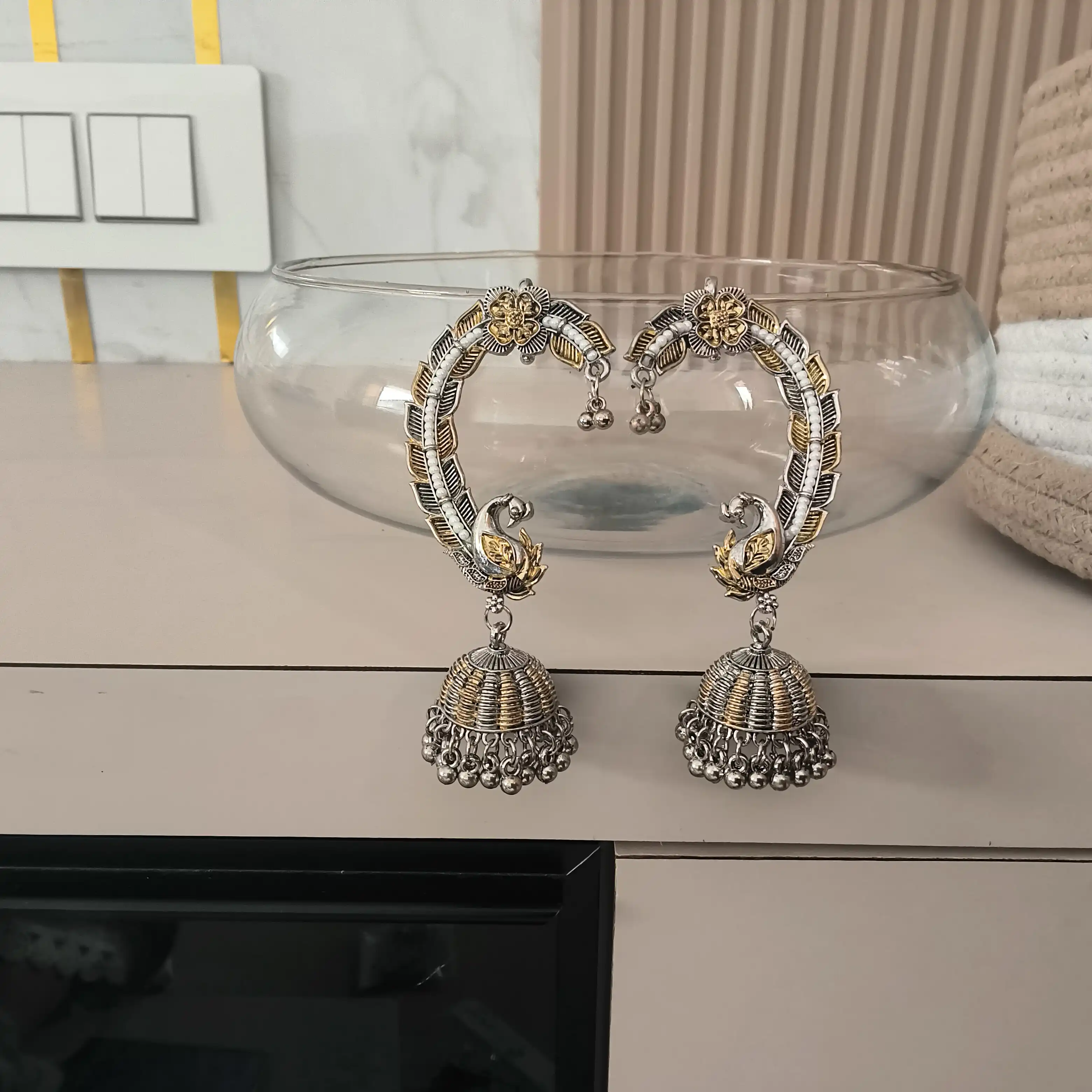 Dual-Tone Peacock Motif Ear Cuffs with Jhumka Drops