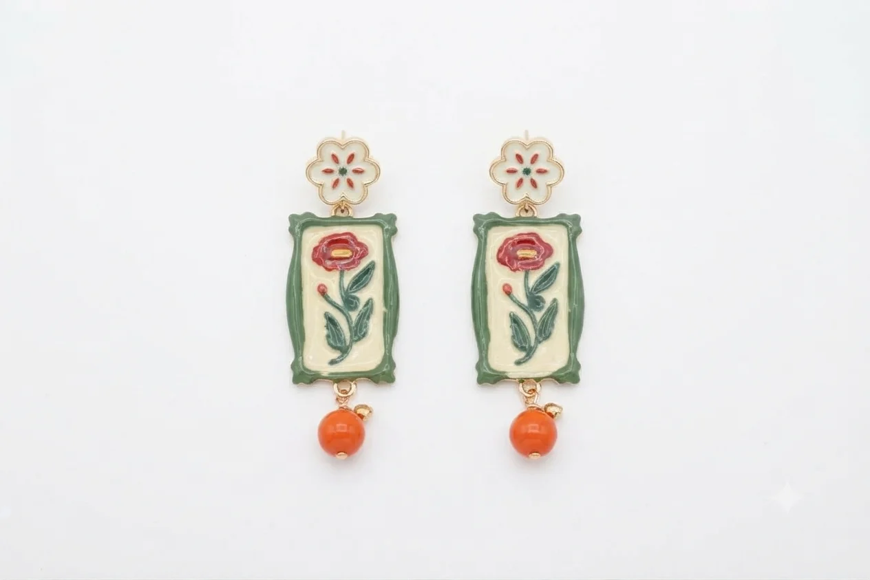 Enamel Floral Portrait Drop Earrings