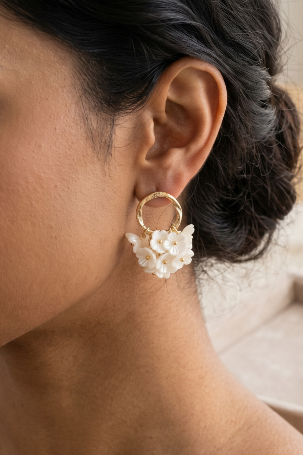 White Floral Cluster Pearl Drop Hoop Dangler Alloy Earrings For Women & Girls
