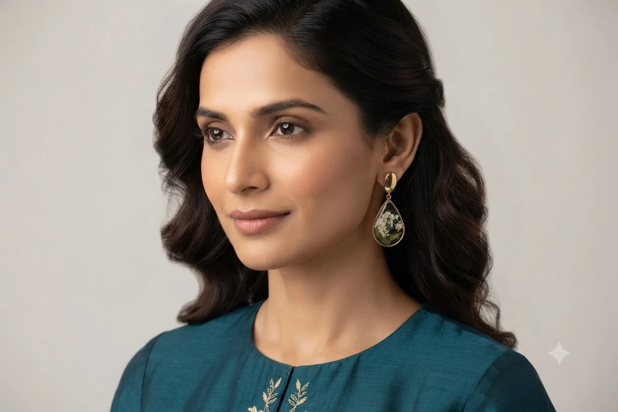 Gold-Rimmed Teardrop Botanical Dangle Earrings