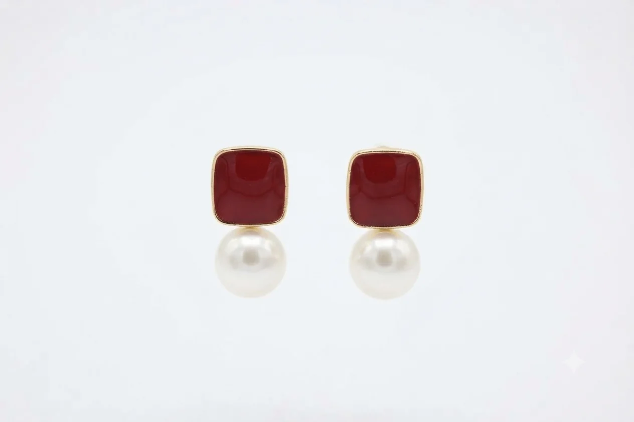 Ruby Square & Pearl Drop Earrings