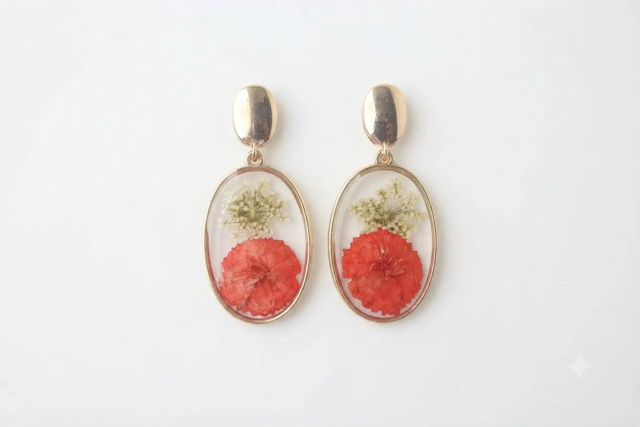 Golden Oval Red and White Floral Resin Drop Earrings