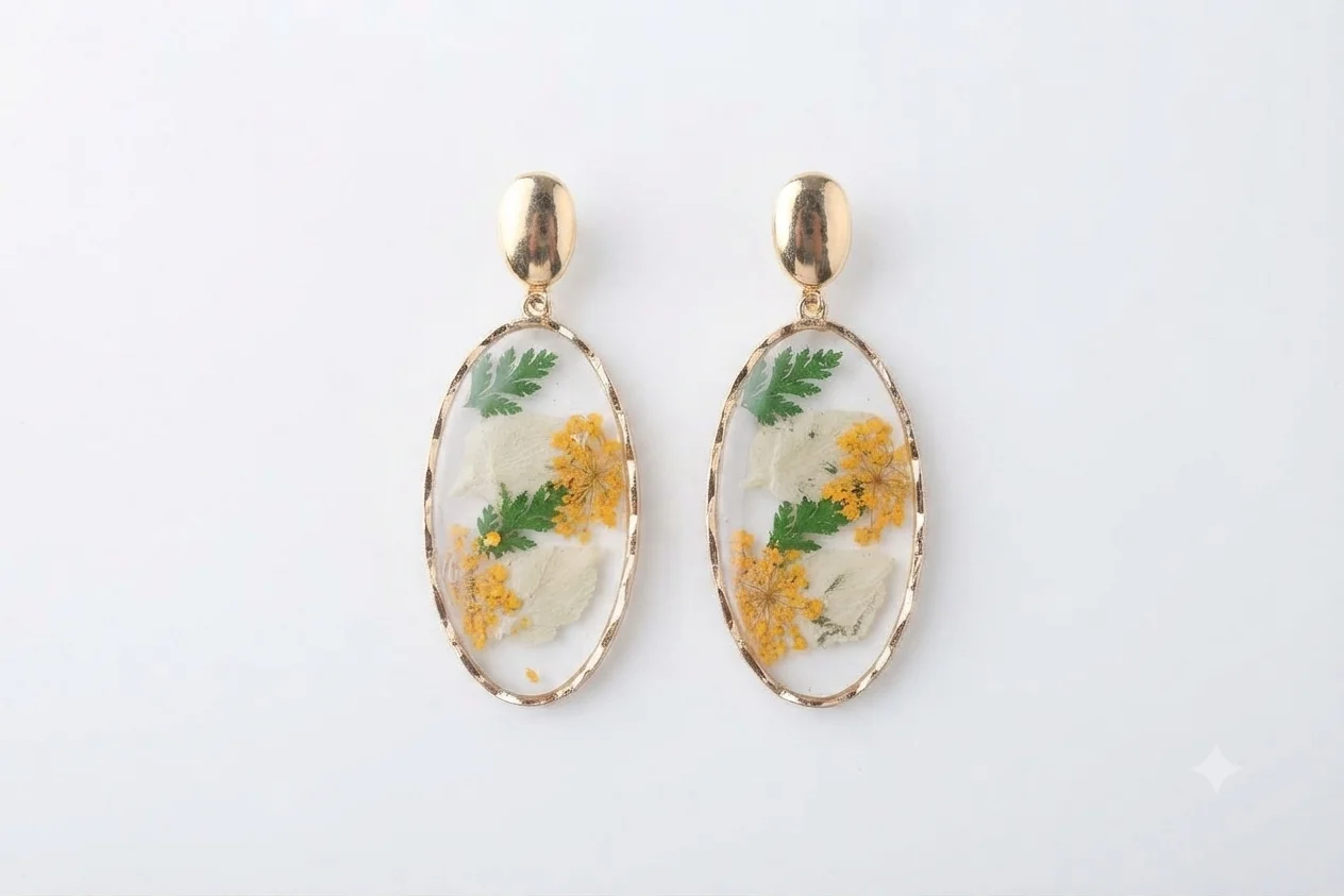 Golden Botanical Leaf and Yellow Floral Resin Drop Earrings