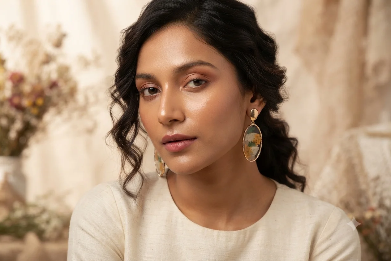 Golden Botanical Leaf and Yellow Floral Resin Drop Earrings