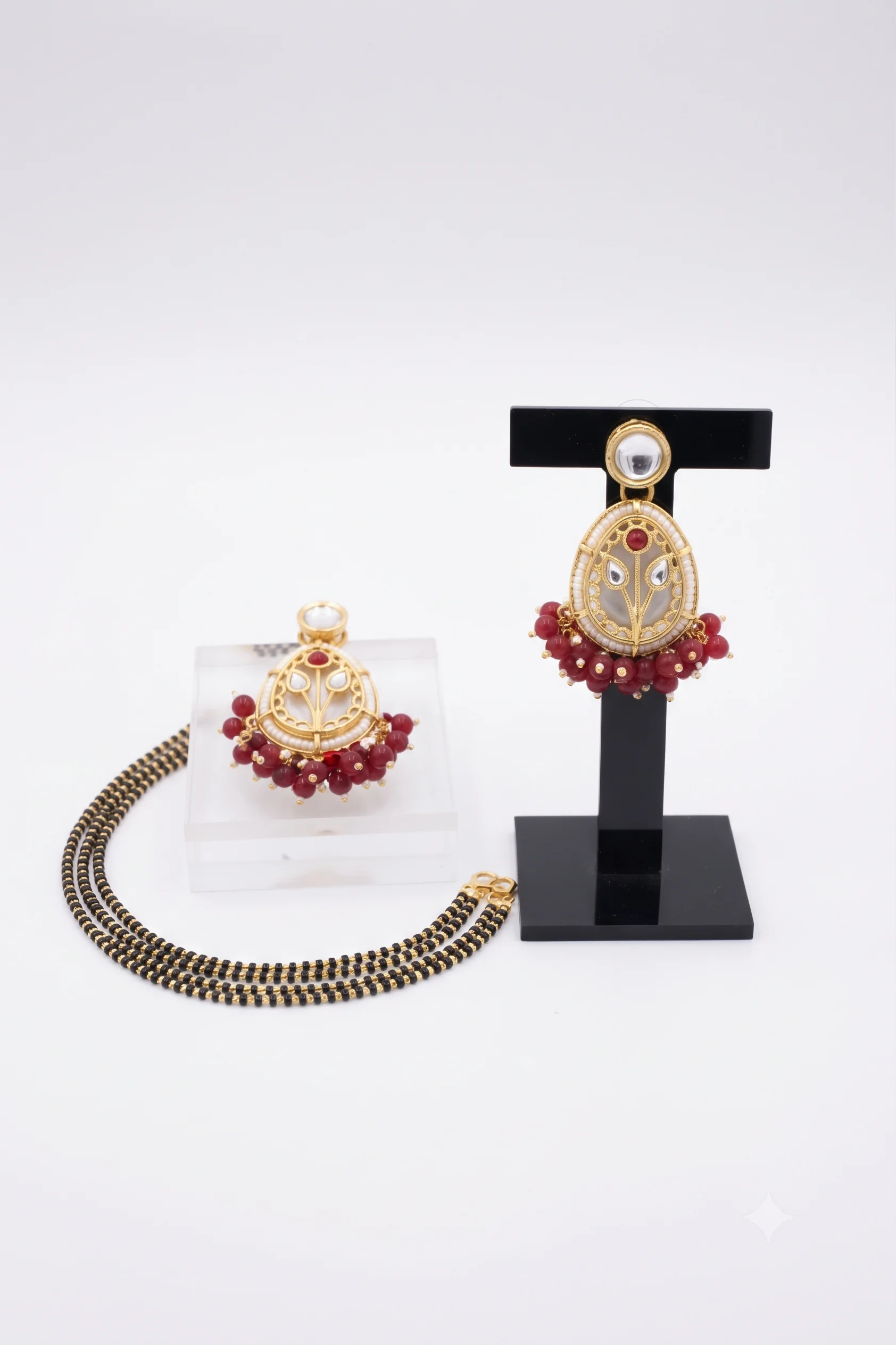 Gold-Toned Kundan & Red Beaded Mangalsutra Set with Matching Earrings