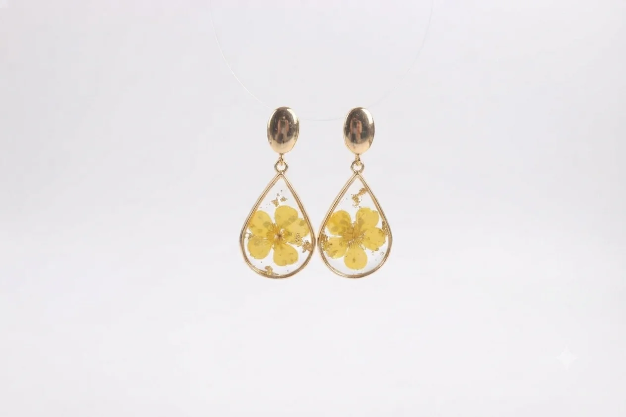 Golden Teardrop Yellow Floral Resin Earrings