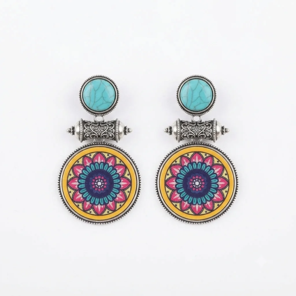 Oxidized Silver Enamelled Mandala Circular Drop Earrings
